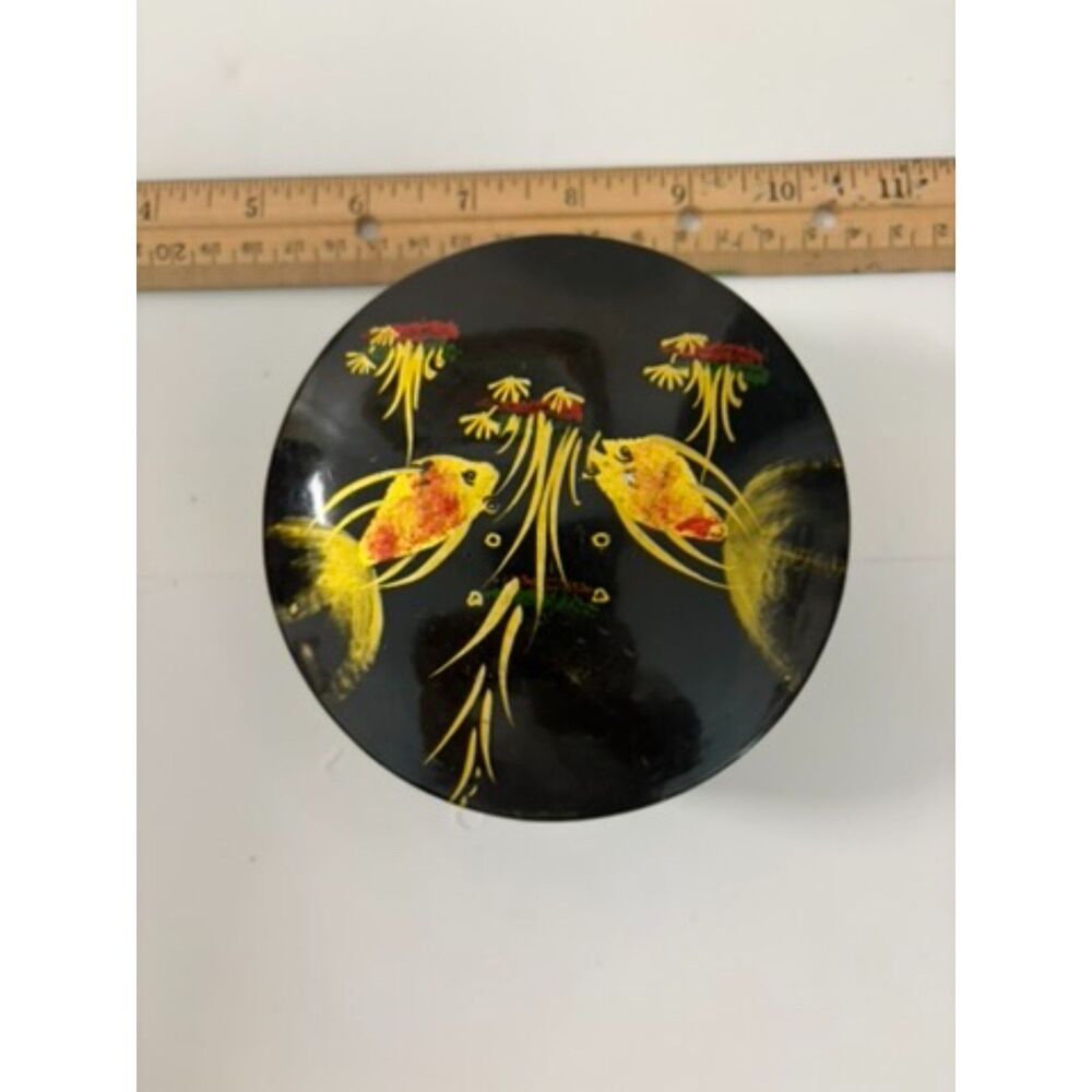 Vtg japanese black lacquer round trinket box with goldfish motif
